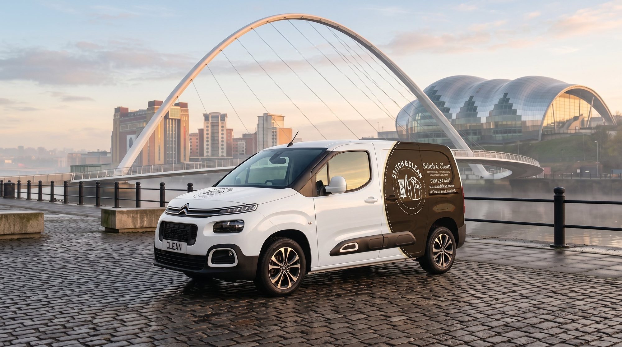 The Stitch & Clean pickup and drop-off van on Newcastle Quayside