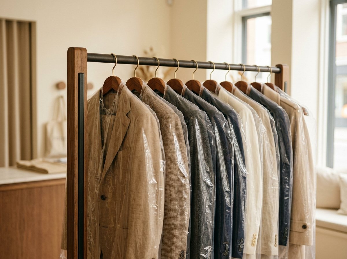 Freshly dry cleaned and pressed suits and coats in protective garment covers